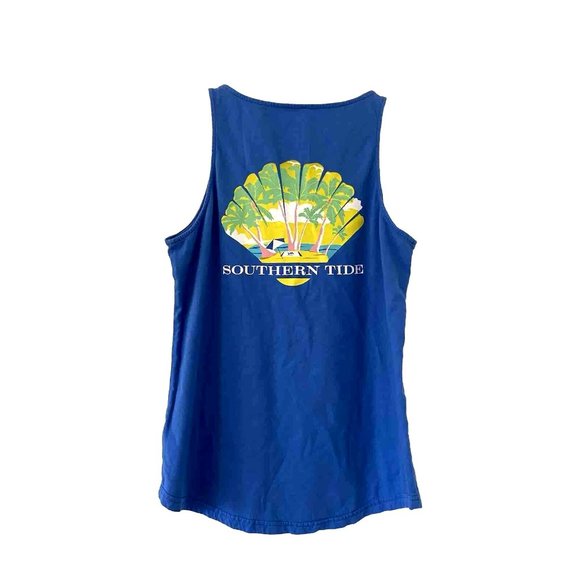Southern Tide Womens Sleeveless Tank Shirt Top Sz S Blue Yellow Shell Beach - Picture 2 of 10